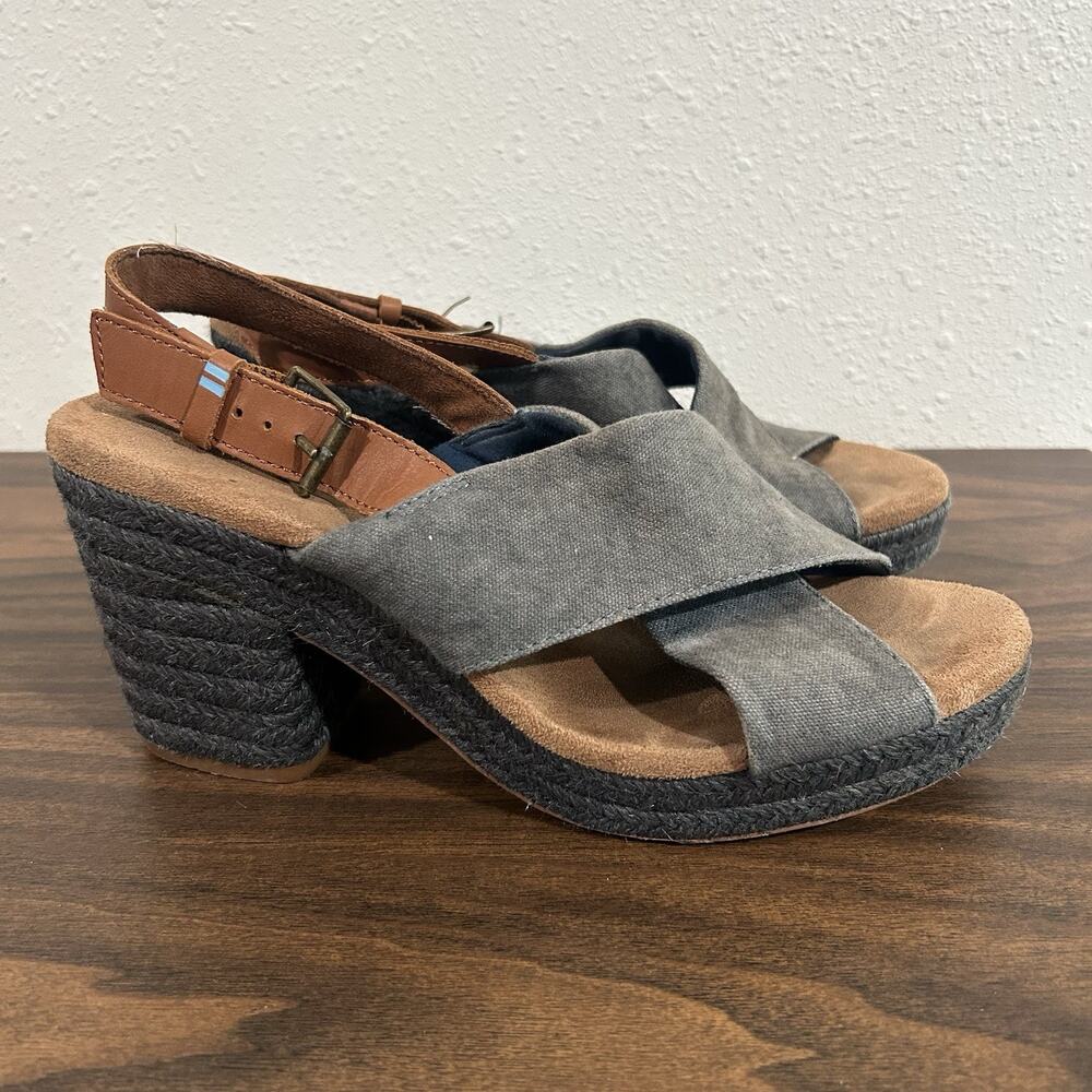 TOMS Ibiza‎ Espadrille Heel Sandals Womens 8.5 Blue Denim Boho Beachy Slingback